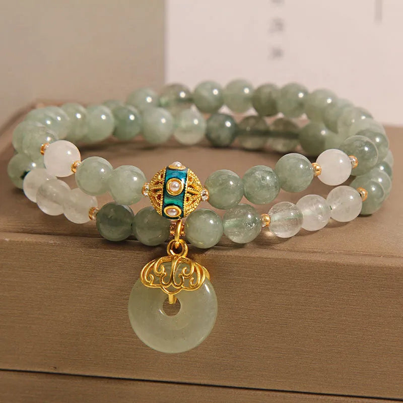 Women's oil green double-layer jade bracelet with safety buckle and crystal rhinestone details