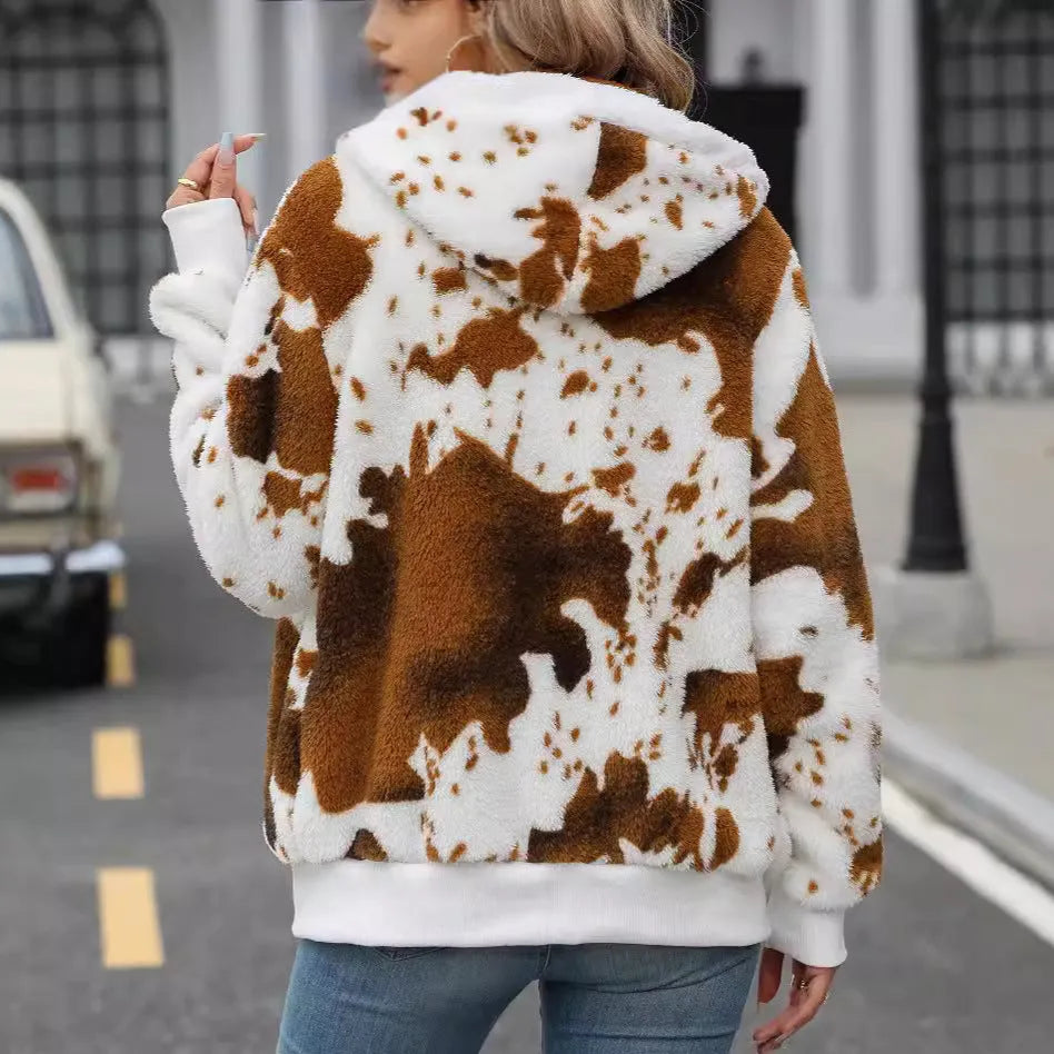 Yellow brown cow animal print hooded plush cardigan jacket with full zip and regular sleeves.