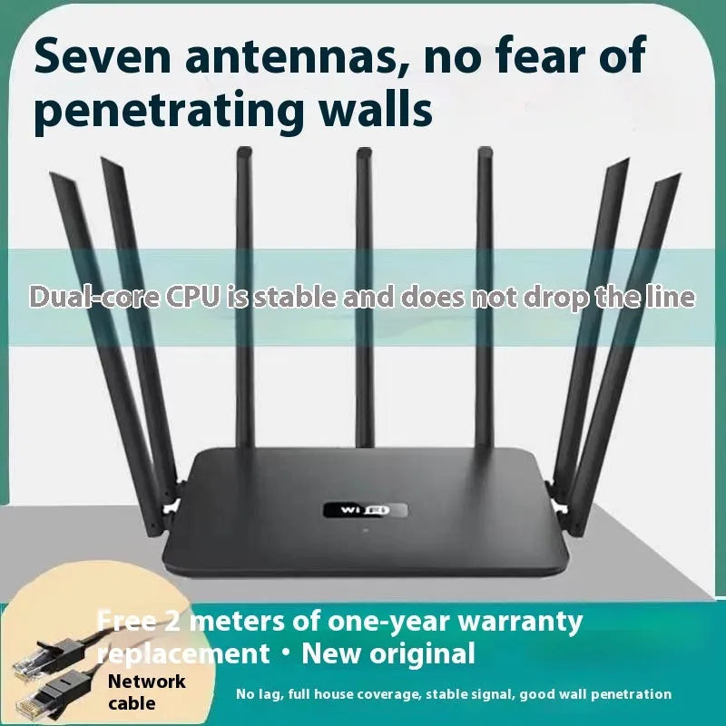 Black and white dual-band 5G Gigabit router for home WiFi with multiple antenna options.
