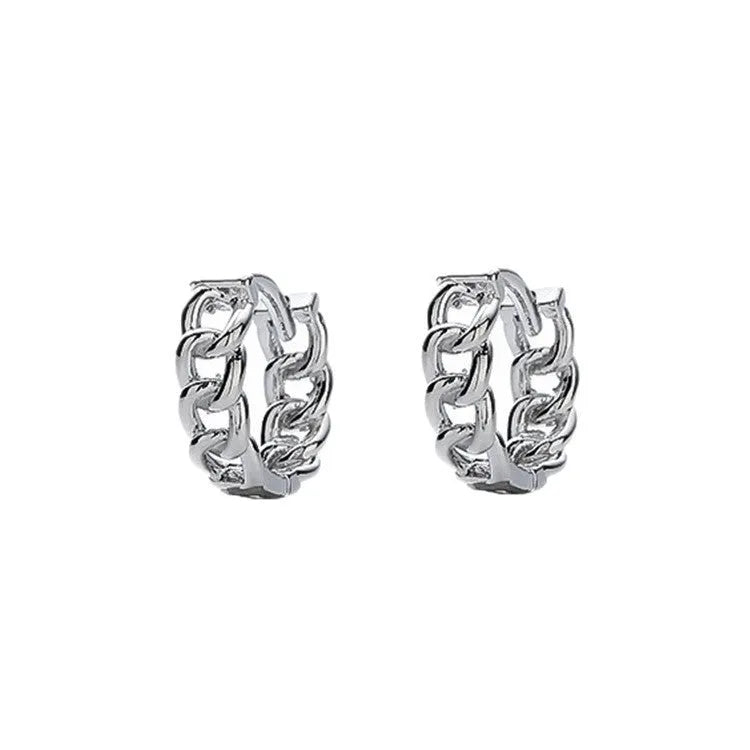 Silver geometric copper stud earrings for men in 10mm and 14mm sizes, shown singly and as a pair.
