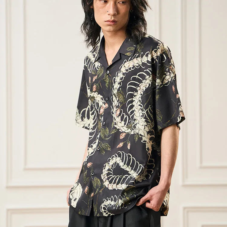 Snake bone floral pattern printed Cuban collar short sleeve shirt in loose fit casual style