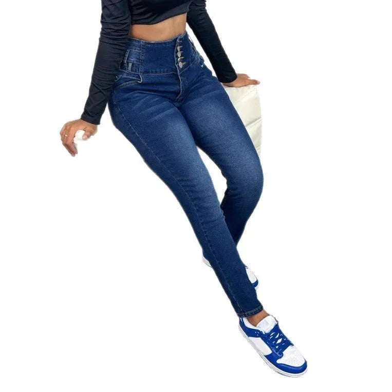 Women's dark blue cotton denim straight-leg trousers with button details and zipper closure