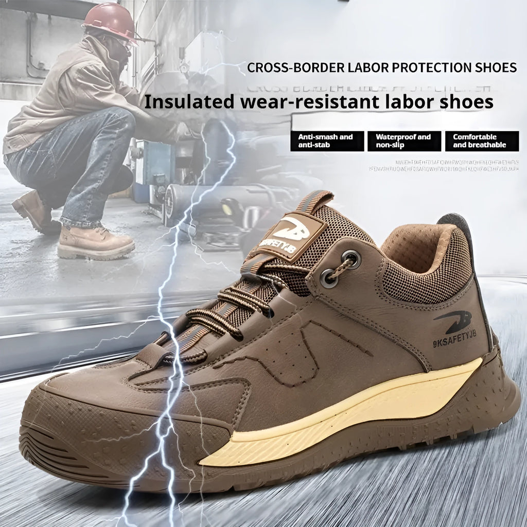 Flyknit leather work shoes with a rubber sole, shown in a choice of black, khaki, grey, or brown.
