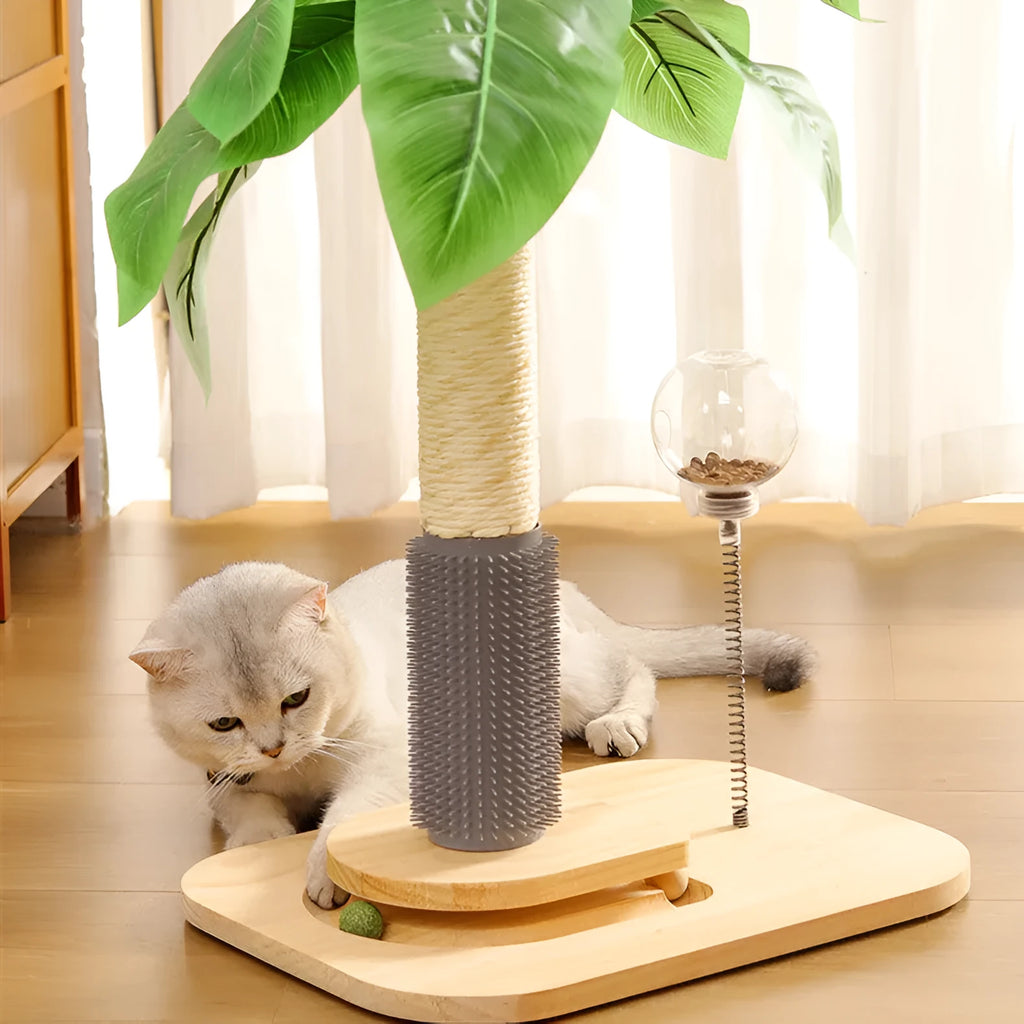 Wooden vertical cat scratching post with canna grab column design in simple style