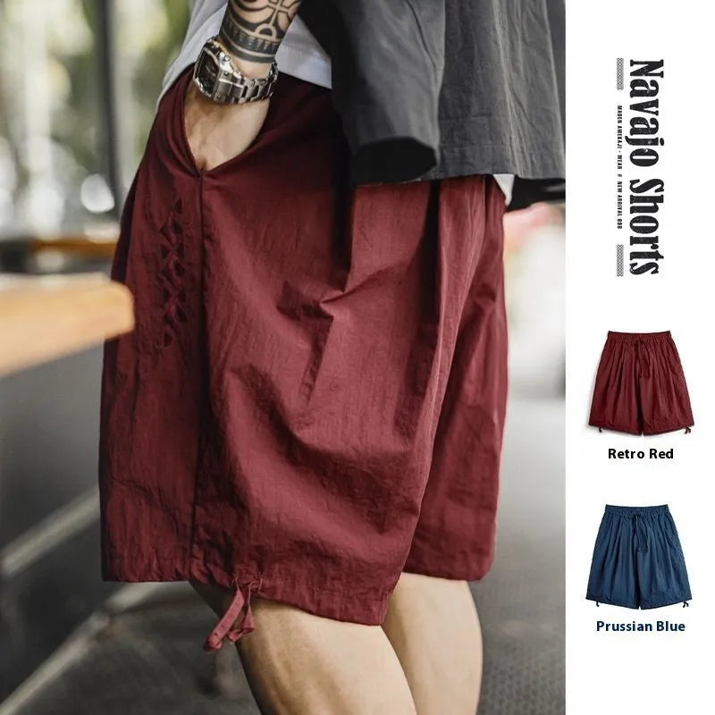 Men's Prussian Blue embroidered nylon beach shorts loose fit summer wear