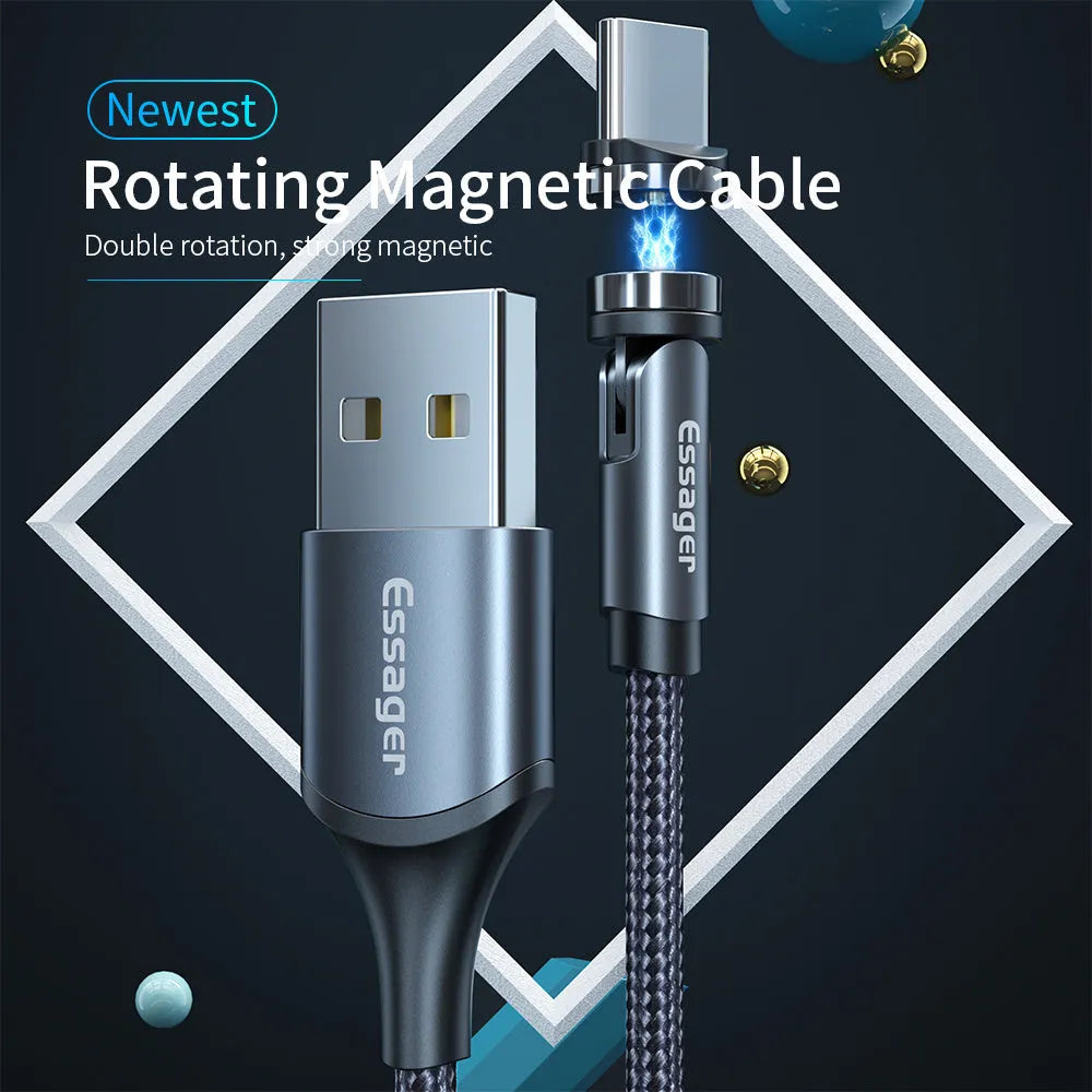 360-degree rotating magnetic charging cable with LED indicator for Android, iOS and Type-C devices