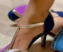 Women's round toe high heels with button fastening in light blue pink, blue rose red, and wine red black colours