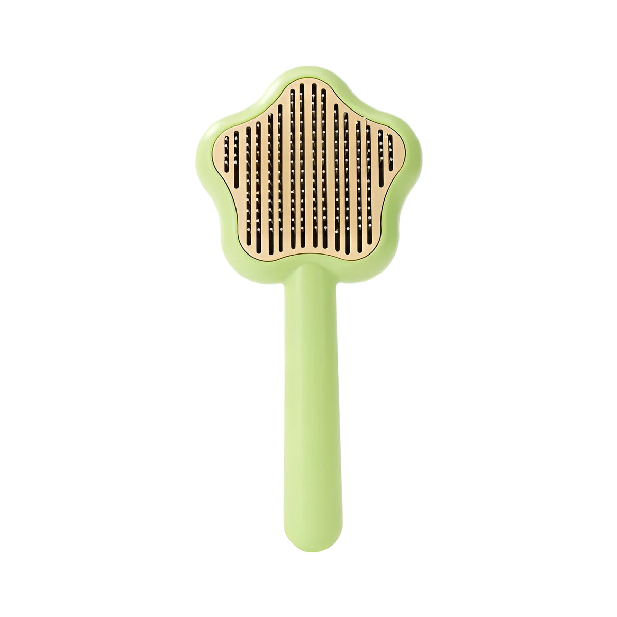 Self-cleaning pet grooming comb with stainless steel needles showing green colour option
