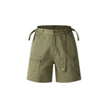 Retro loose-fit workwear shorts in washed cotton fabric with a zipper fly, shown in camouflage colour.