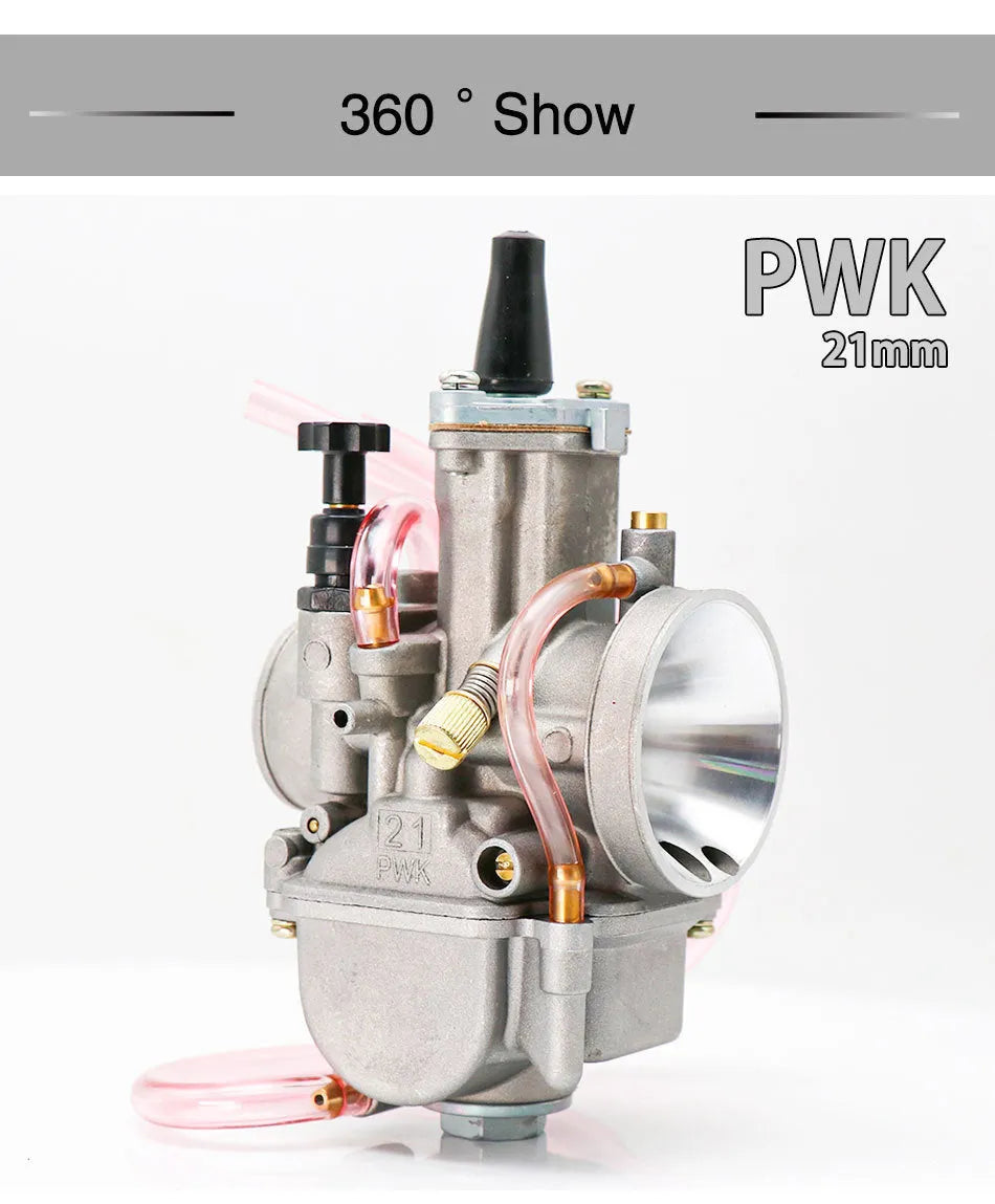Seven PWK sandblasted motorcycle carburetors ranging from 21mm to 34mm sizes in colour box packaging