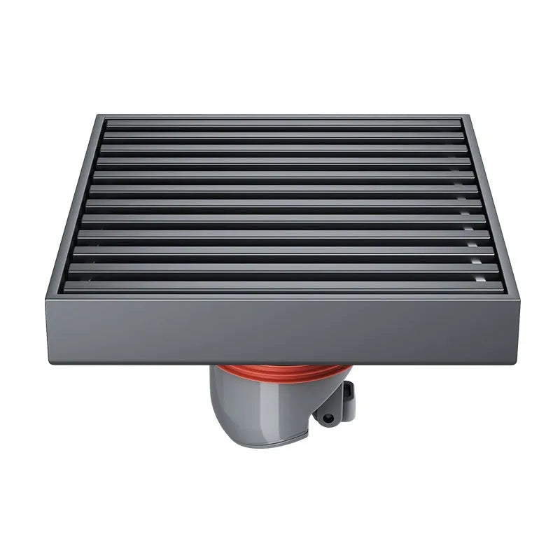 Gun grey 304 stainless steel courtyard floor drain with a square 15x15 cm grid.
