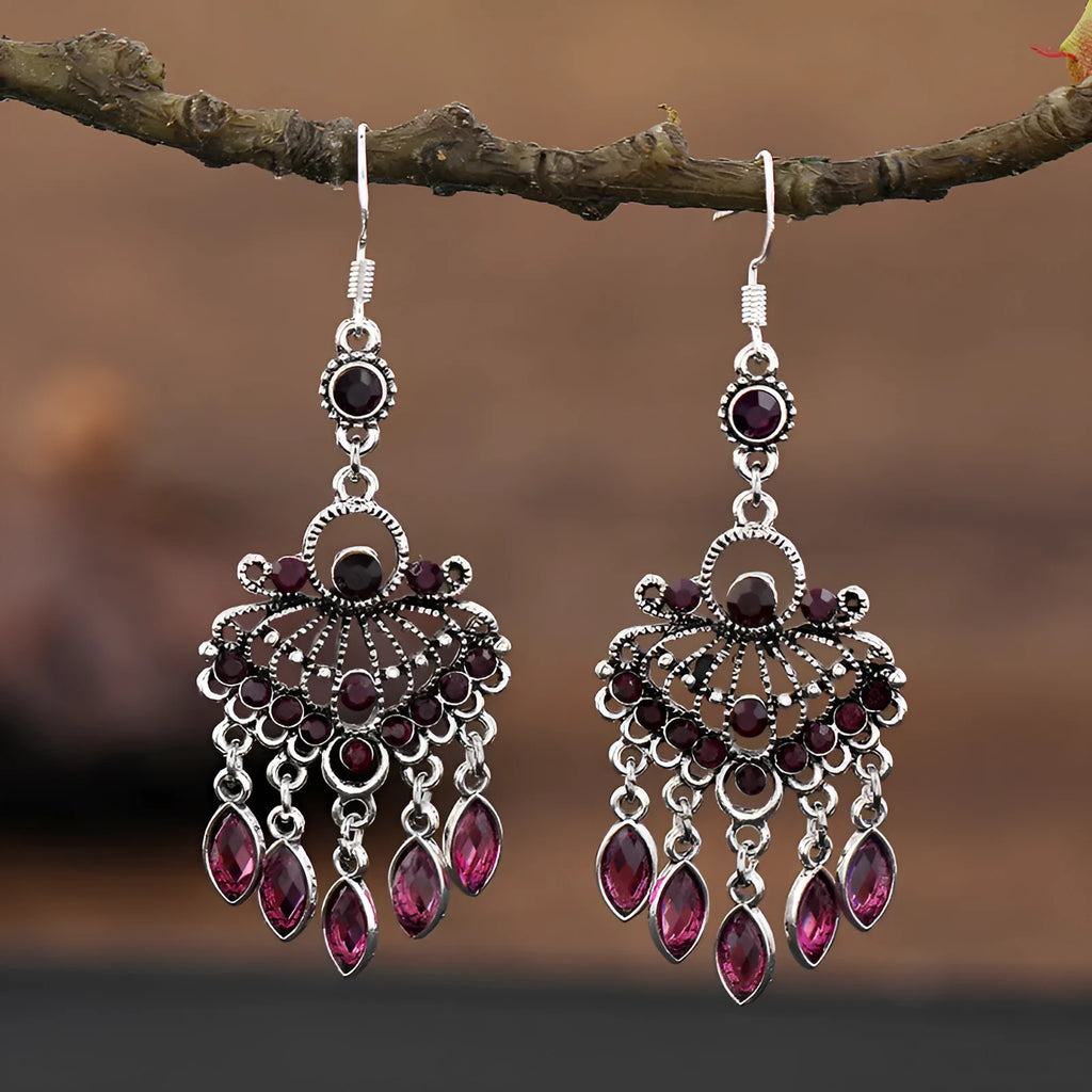 Smart water drop purple retro ethnic-style long crystal fringe earrings with alloy drop shape