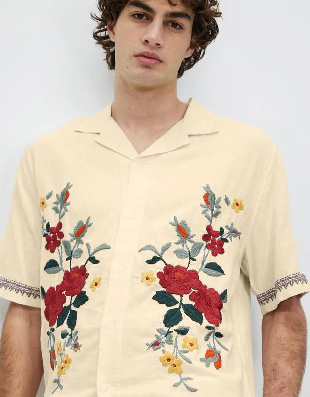 Apricot vintage floral print men's casual summer shirt with short sleeves