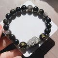 Men's handcrafted silver stone bracelet with Chinese proverbs and zodiac beads