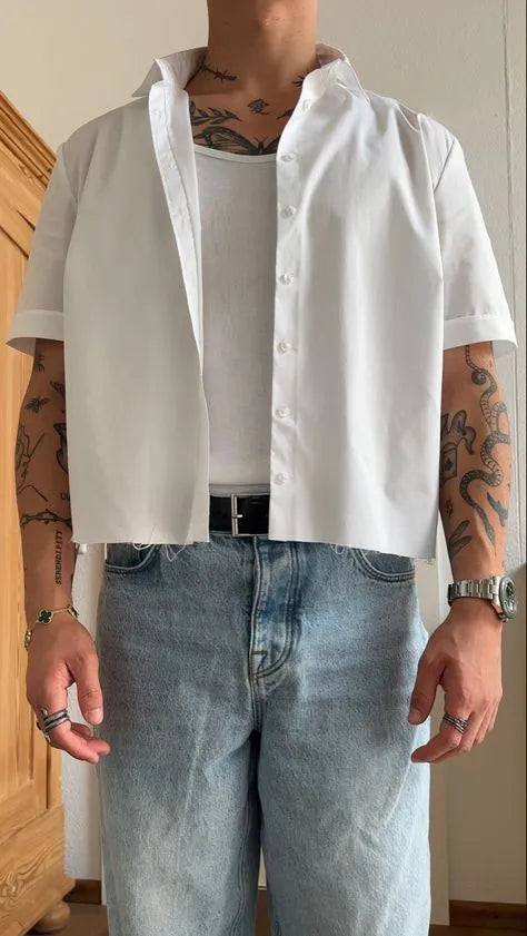 Men's white short sleeve polyester shirt with cropped length and regular fit