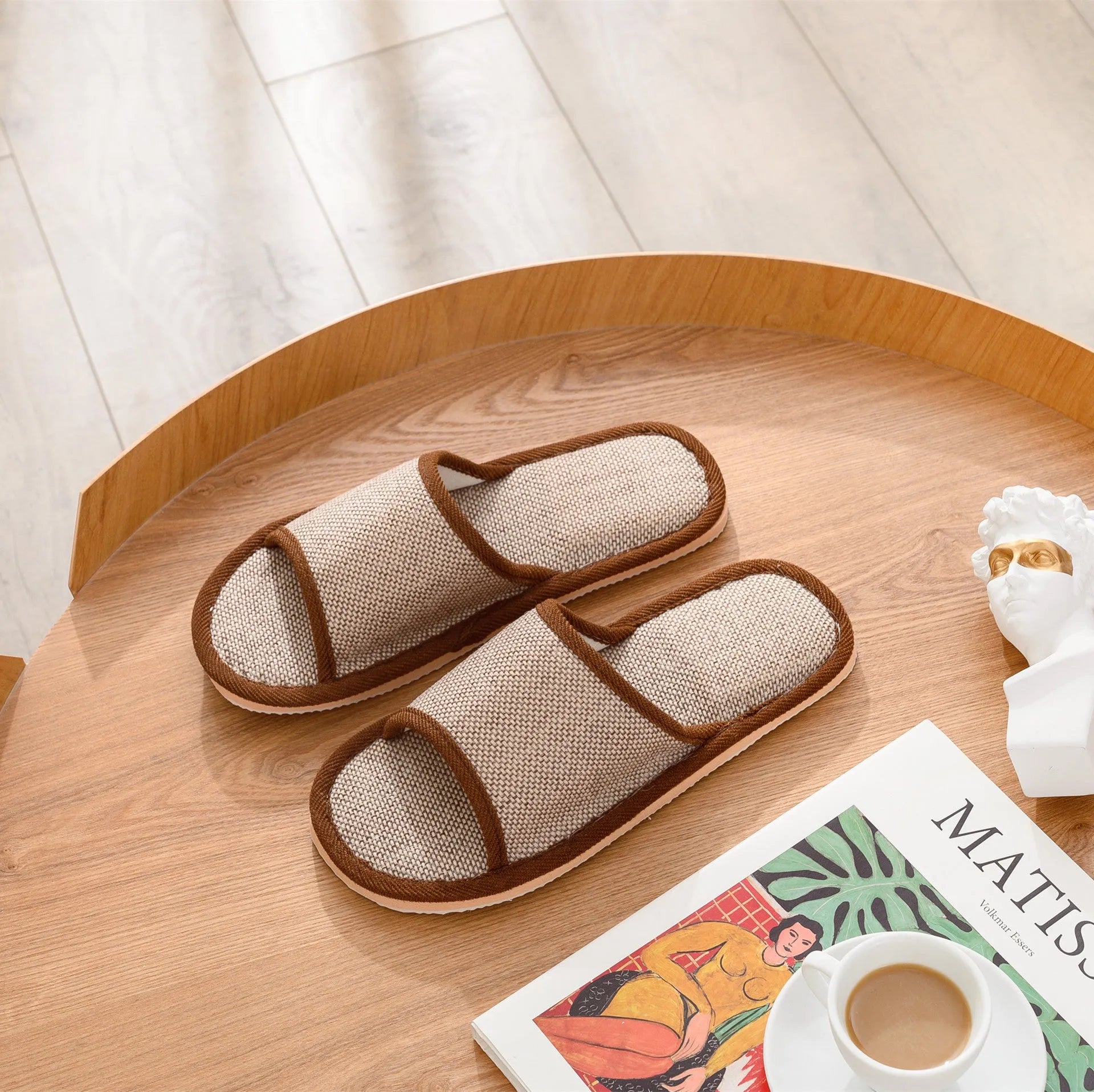 Women's open toe slippers in linen and cotton with thickened sole in dark coffee and pure gray colors