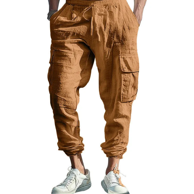 Men's linen casual trousers with ankle-tied cuffs and multiple pockets in solid colours