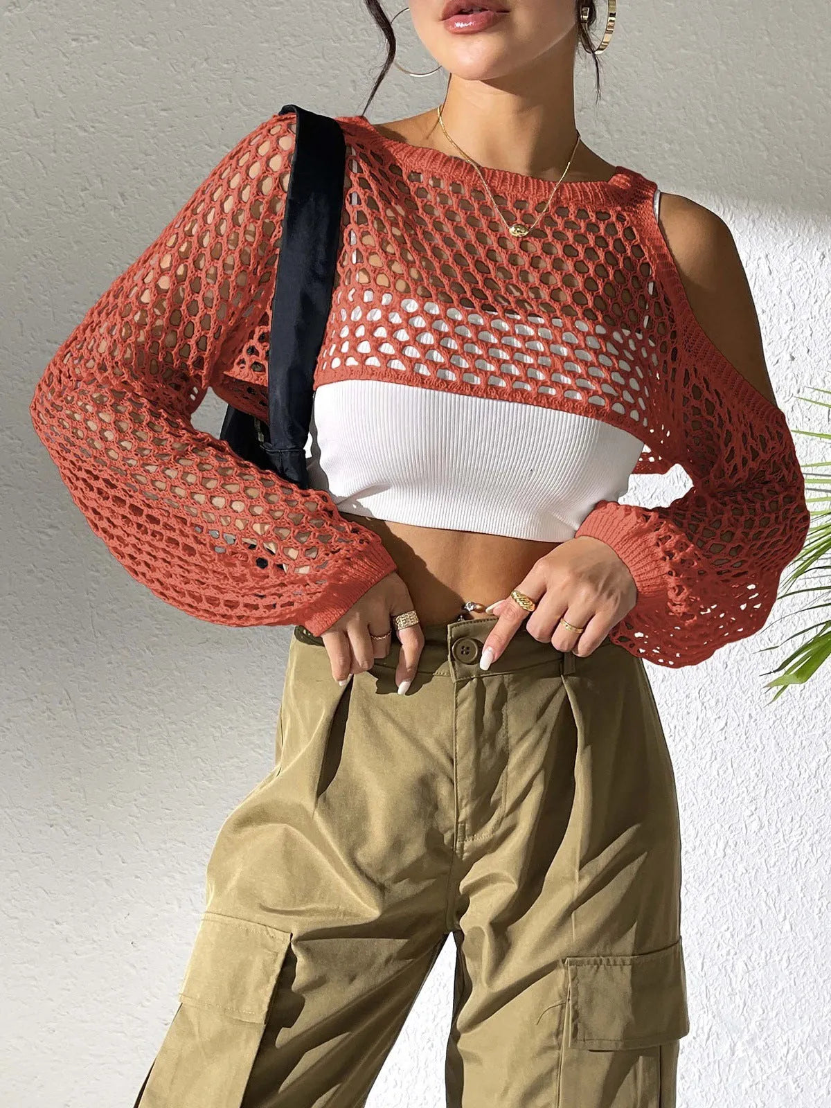 Imitation cotton mesh shirt with hollowed navel design in army green colour.
