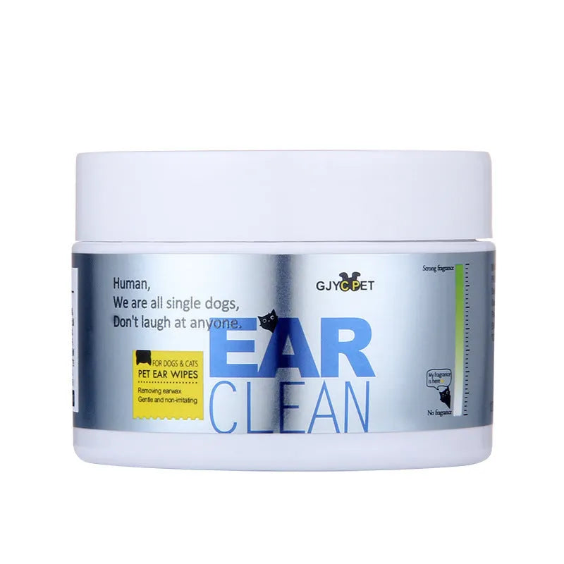 Pet hygiene bundle with bottled cleaning foam, ear liquid, and packs of ear and eye towels