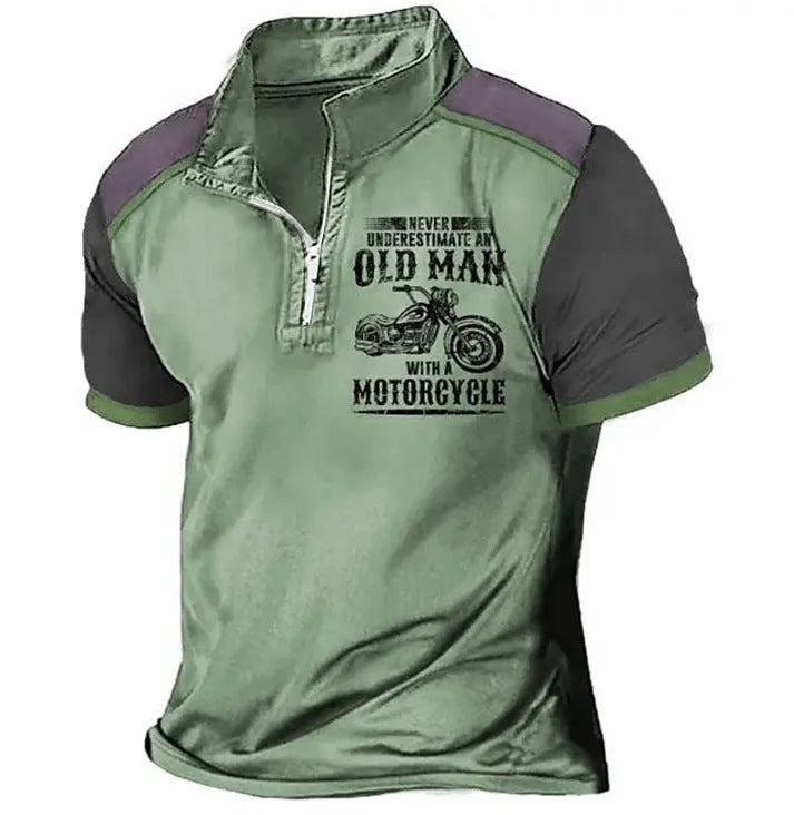 Men's lapel collar polo shirt with digital letter pattern print and zip decorations