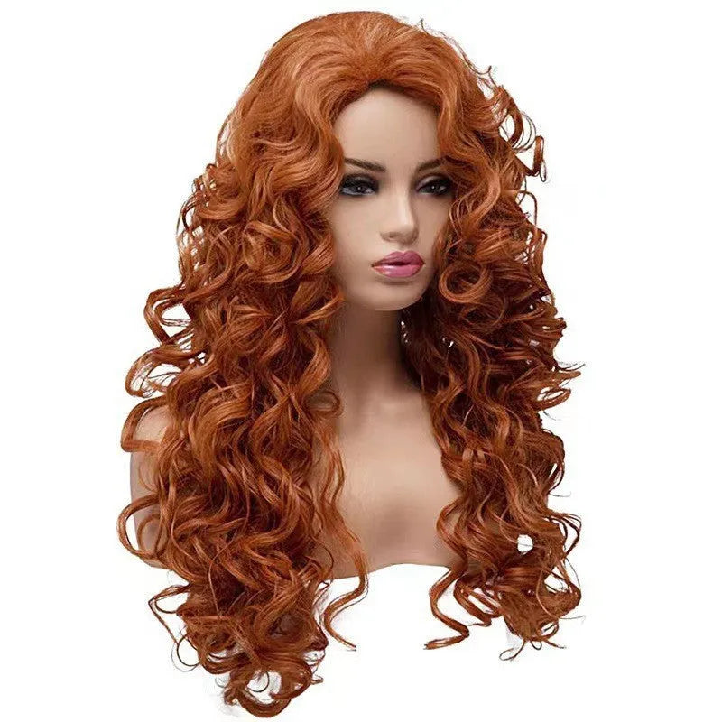 Brown long wavy curly wig with instant noodles style and fluffy texture