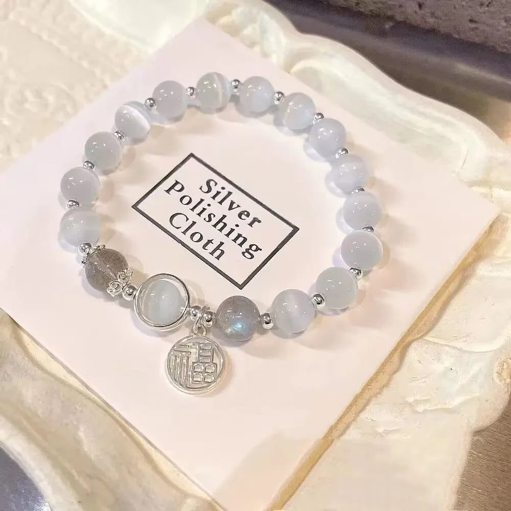 Moonlight grey glass and coloured glaze women's bracelet with drop-shaped and round beads.