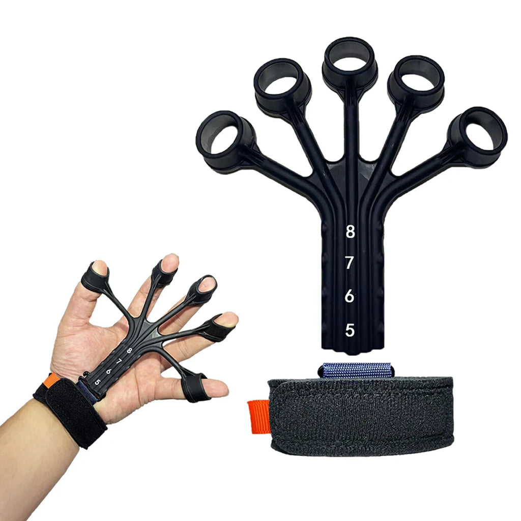 Black silicone finger flexion and extension trainer with adjustable belt for adult hand rehabilitation
