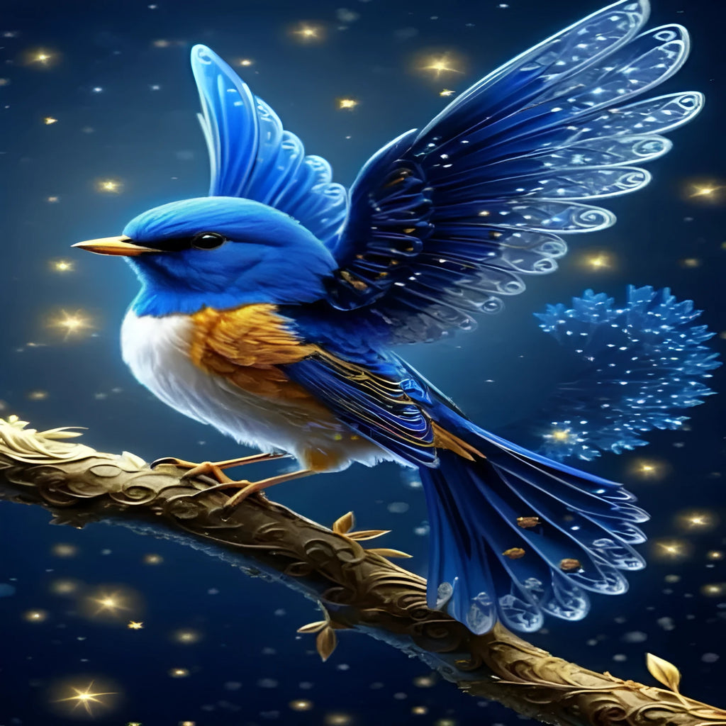 Handmade Blue Bird design DIY rhinestone diamond painting kit measuring 60x100cm with internal frame.