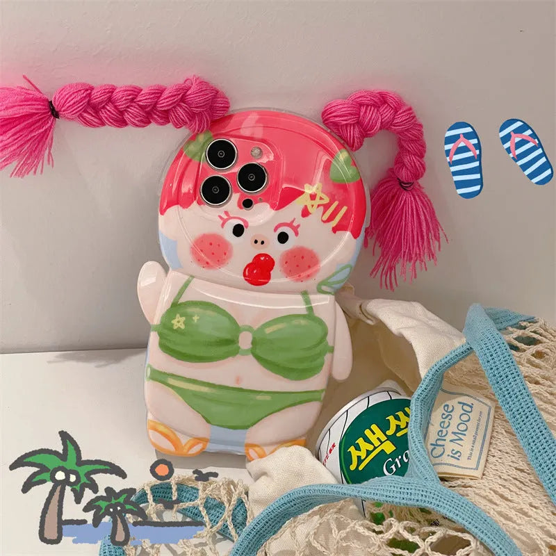Pink and green silicone iPhone case with cartoon design of a summer swimsuit girl with braids.