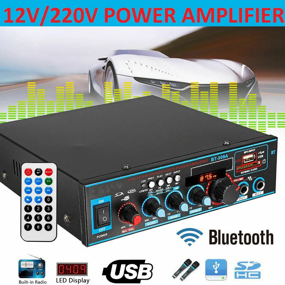 BT-309A-A black Bluetooth power amplifier with recording function and remote control on iron chassis