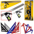 Red thin metal combination angle ruler with metric scale and transparent carry bag.
