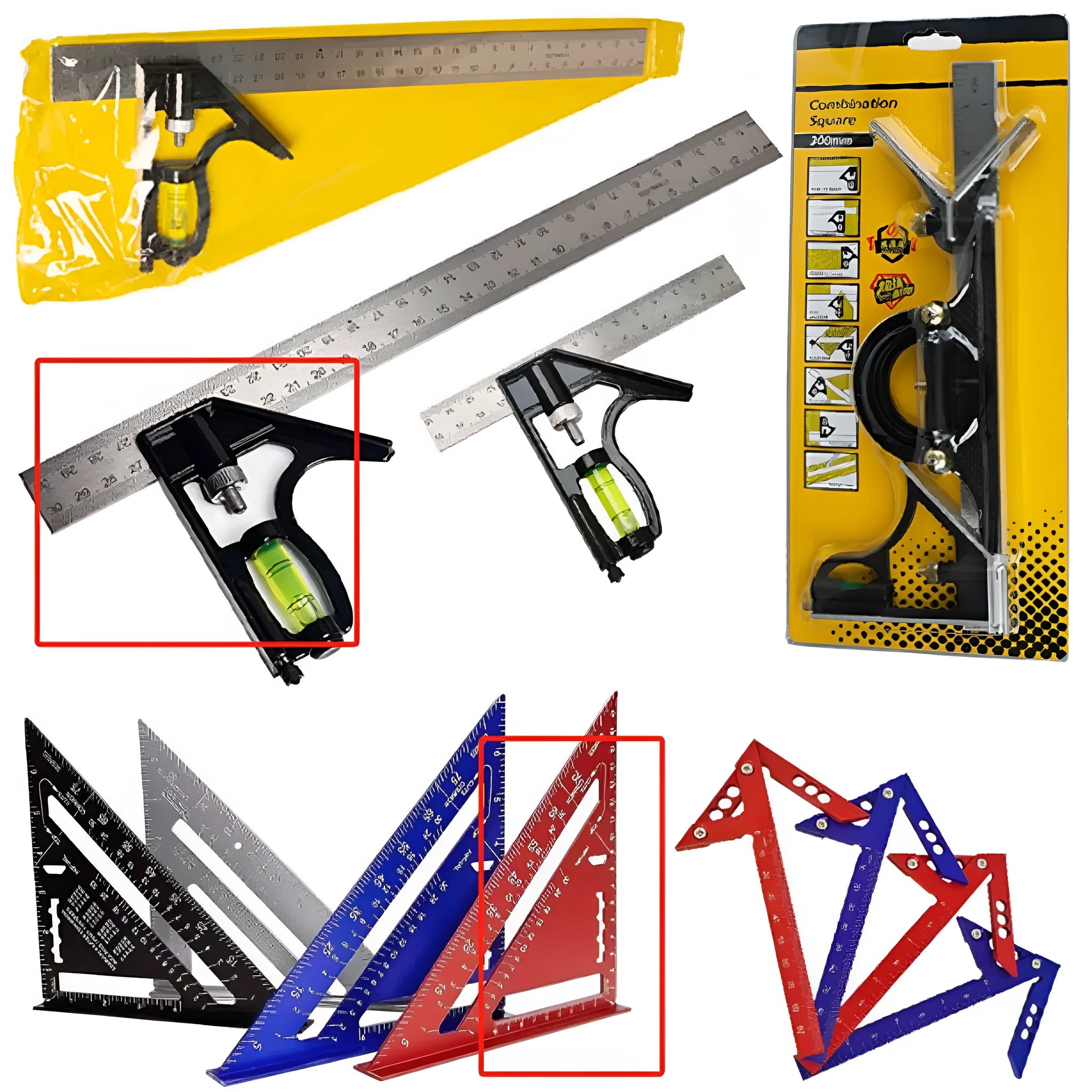 Red thin metal combination angle ruler with metric scale and transparent carry bag.