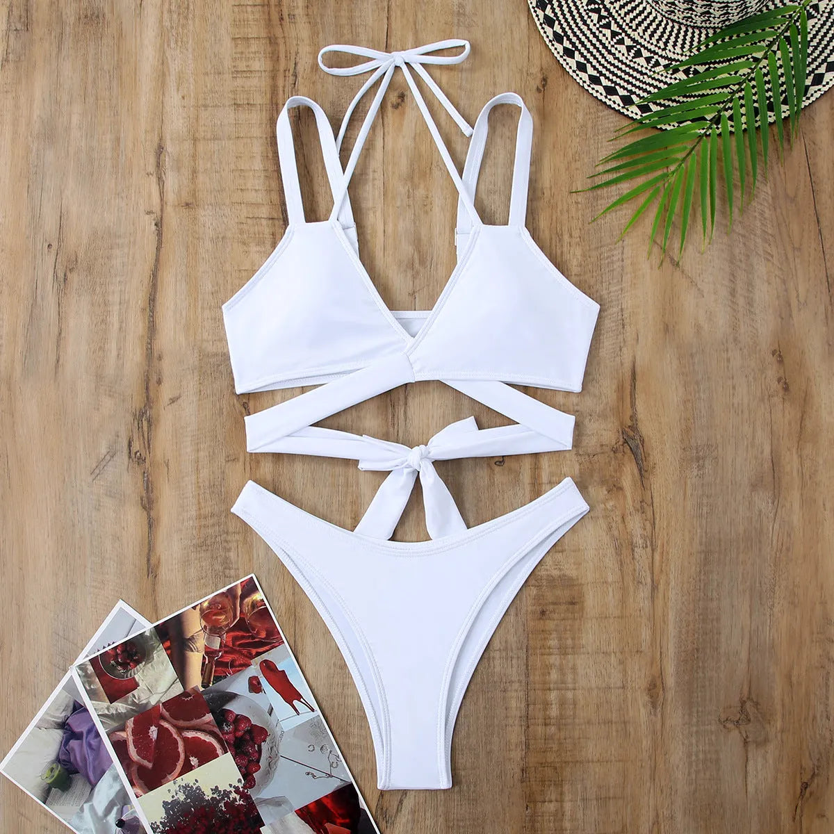 Solid colour strap bikini swimsuit in multiple colour options with sleeveless briefs design