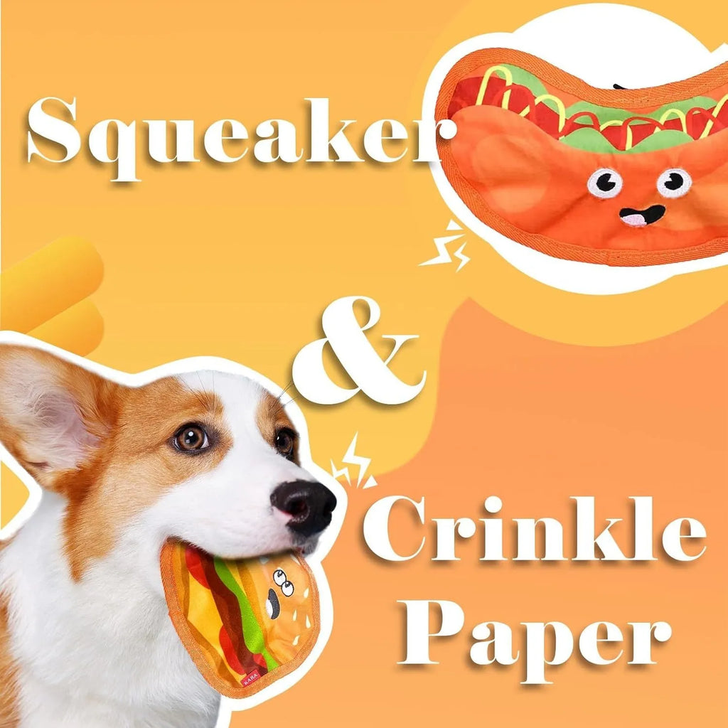 Red and yellow hamburger-shaped dog chew toy with dual crinkle and squeak sounds.