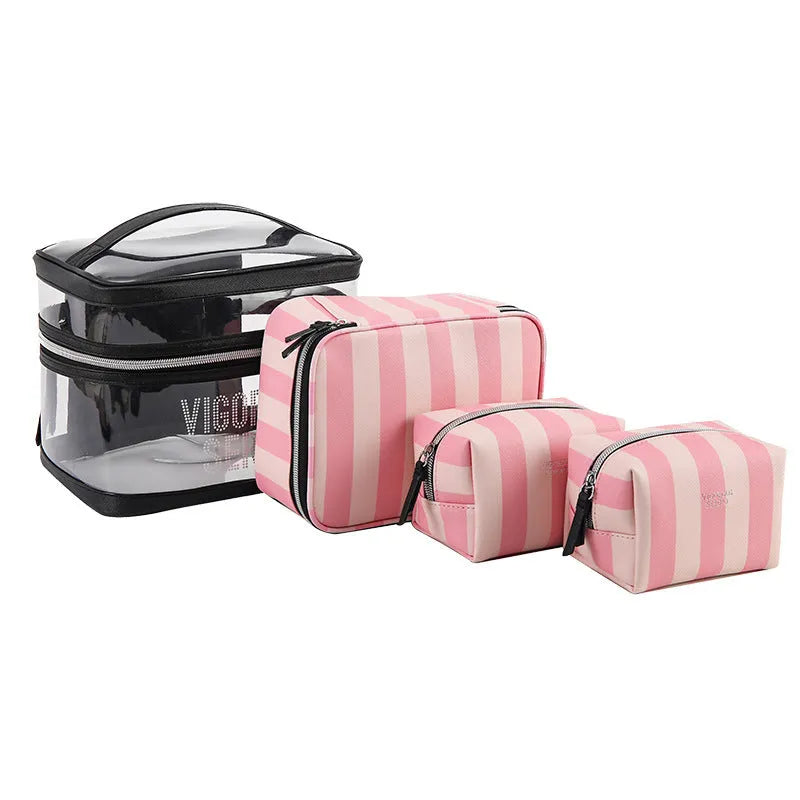 Pink striped floral pattern waterproof synthetic leather makeup bag with nylon lining.