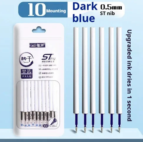 Pack of ten quick-drying gel pen refills in black, red, blue, and ink blue colours.