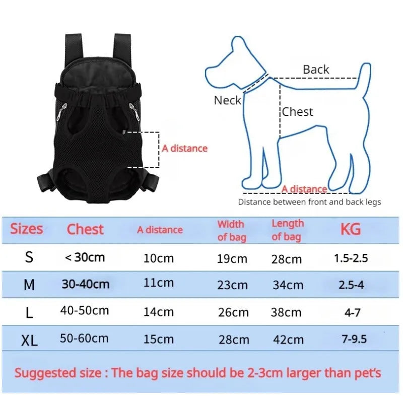 Adjustable nylon dog carrier backpack worn on front, showing mesh panels and open-top design for a small dog.