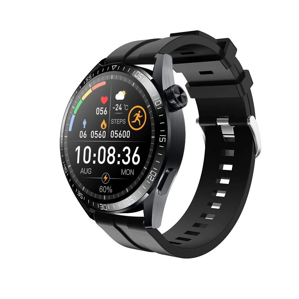 Black or silver GS3 Max smartwatch with 1.35-inch screen on a silicone strap, showing health stats and call interface.