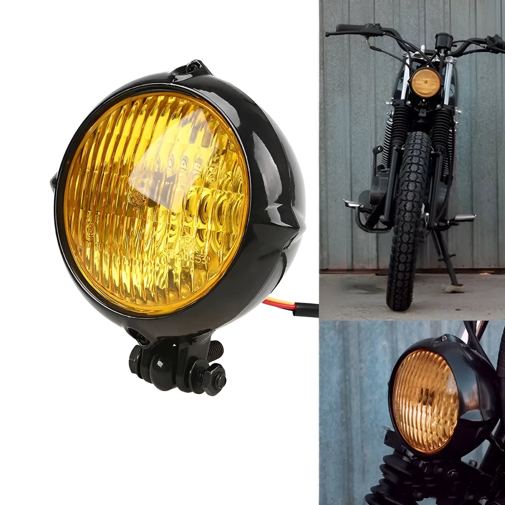 Black retro motorcycle headlight with 8 cm diameter lens and cast aluminium housing