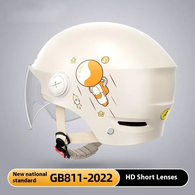 Khaki coloured electric motorcycle half helmet with interchangeable lens system shown from side view