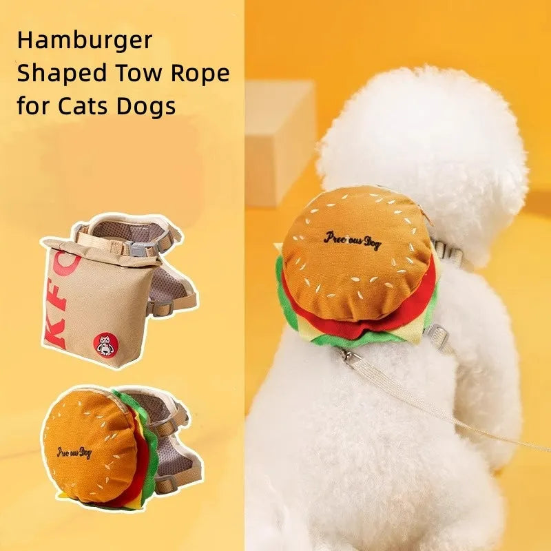 Cartoon hamburger chips design adjustable vest leash for cats and dogs with escape-proof construction