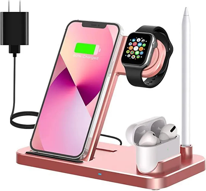 Folding 4-in-1 wireless charger in space grey, shown open as a vertical stand and closed for travel.