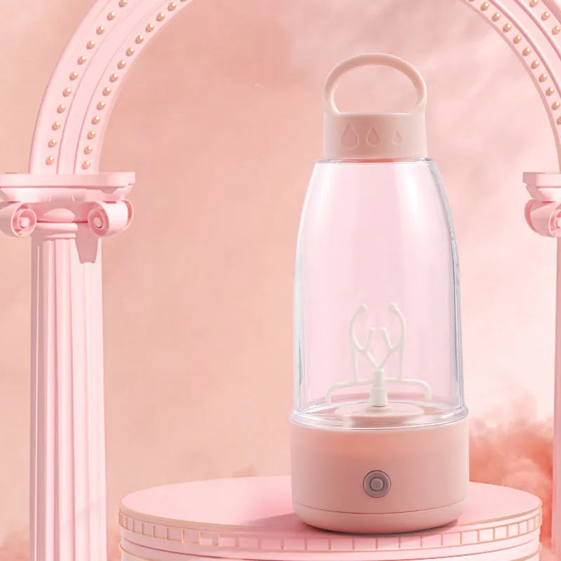 Automatic electric shaker bottle with handle, USB charging port, in green, pink, or white colour options.
