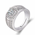 Men's large square diamond ring in copper with adjustable band, shown in gold and platinum finishes.