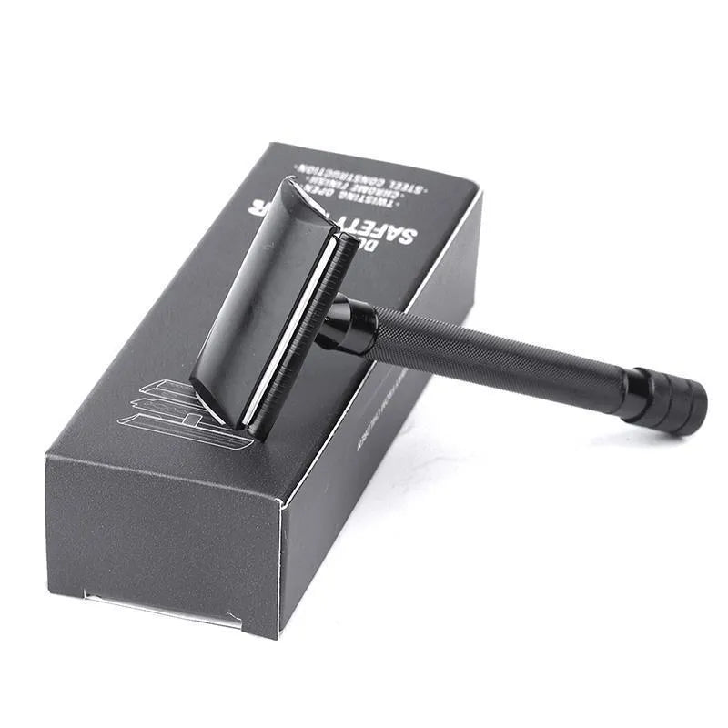 Traditional manual metal shaving scraper and brush set in black or silver finish.