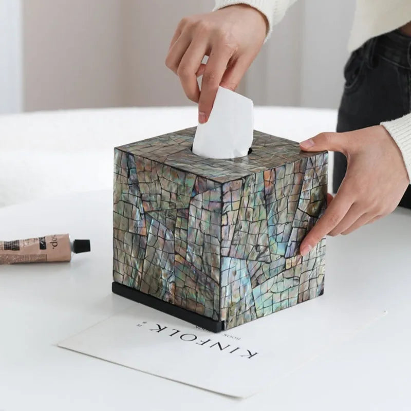 Black natural shell tissue box storage organiser with removable insert in rectangular and square options.