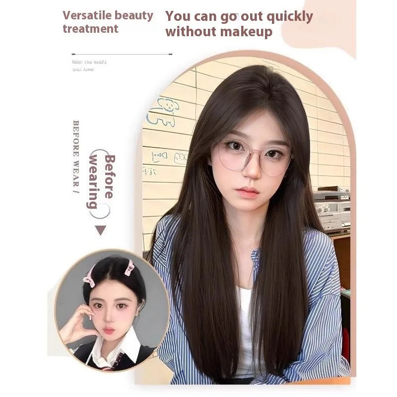 Full-head forehead lace wig in straight mid-length style with styling accessories on white background.