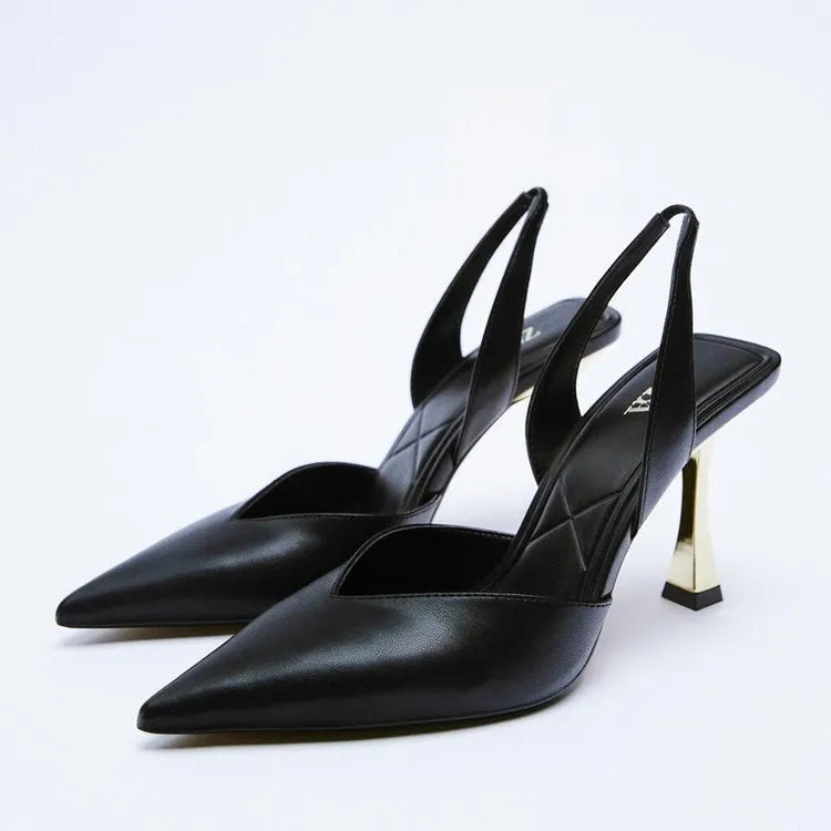Women's nude pointed patent leather high heels in apricot and black colours with shallow mouth design