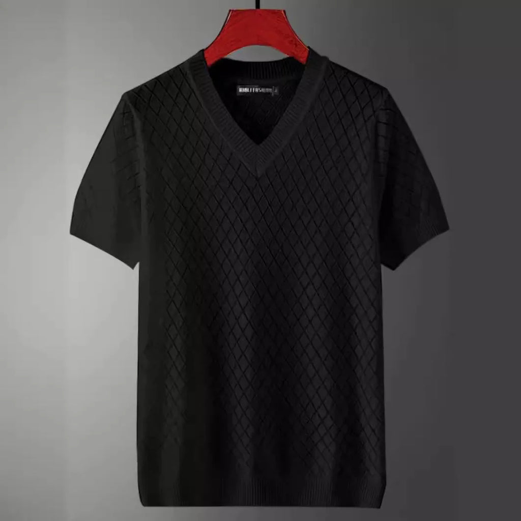 Men's plus size ice silk V-neck T-shirt with cut-out detail in black or white