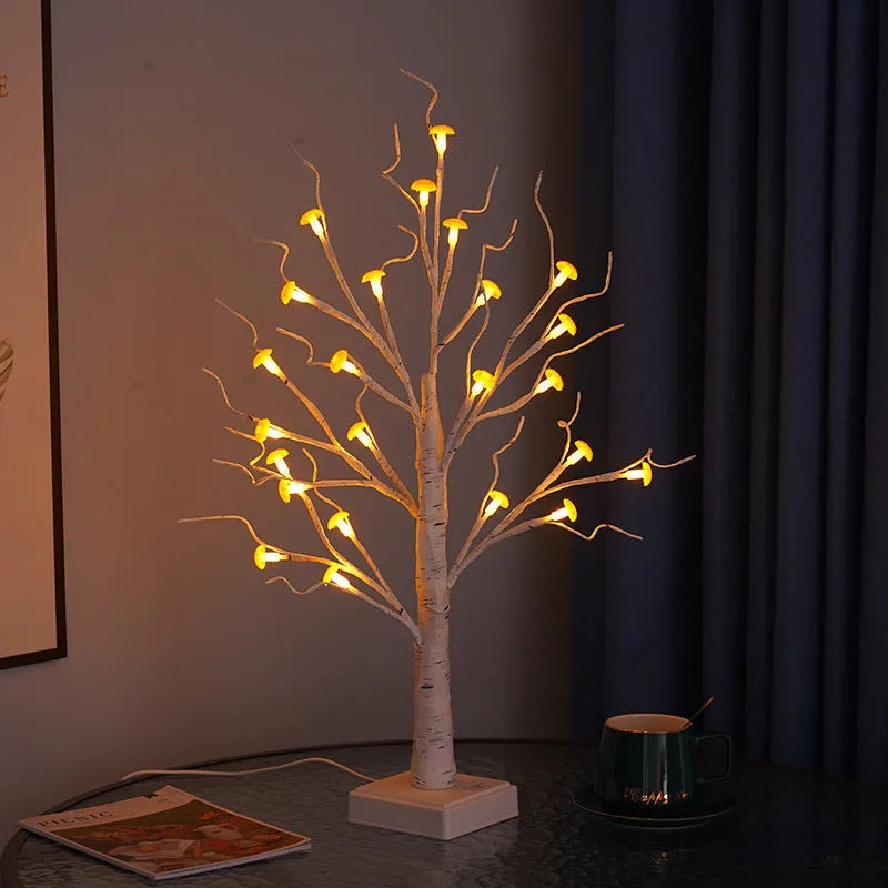 60cm tall white plastic birch tree LED lamp with 24 small mushroom-shaped lights
